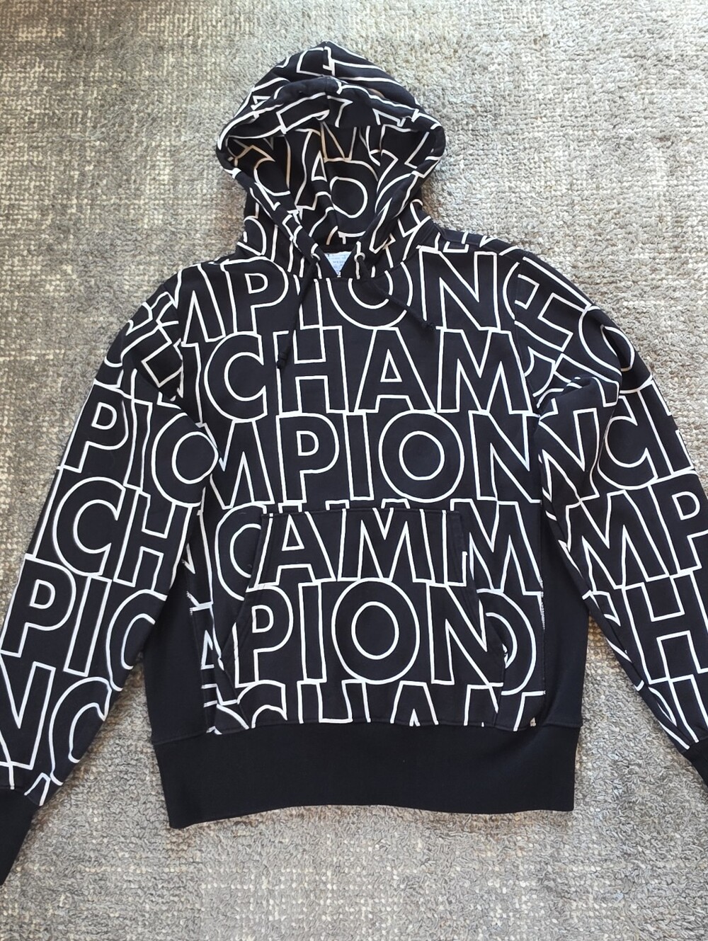 Champion Reverse Weave All Over Logo Hoodie Black White Men's Medium S2974